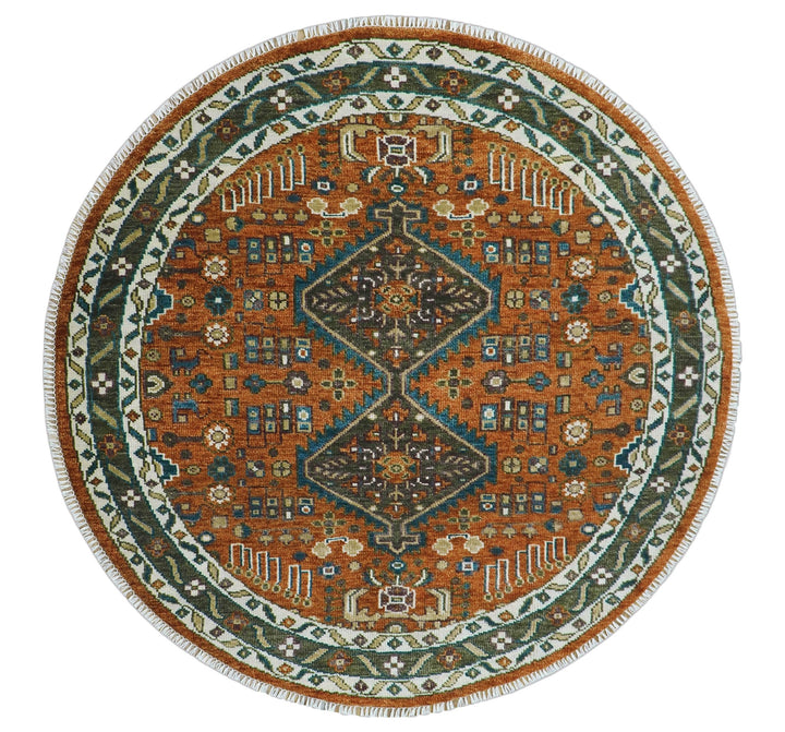 Custom Made Rust And Brown Round Oriental Hand Knotted Wool Rug - The Rug Decor
