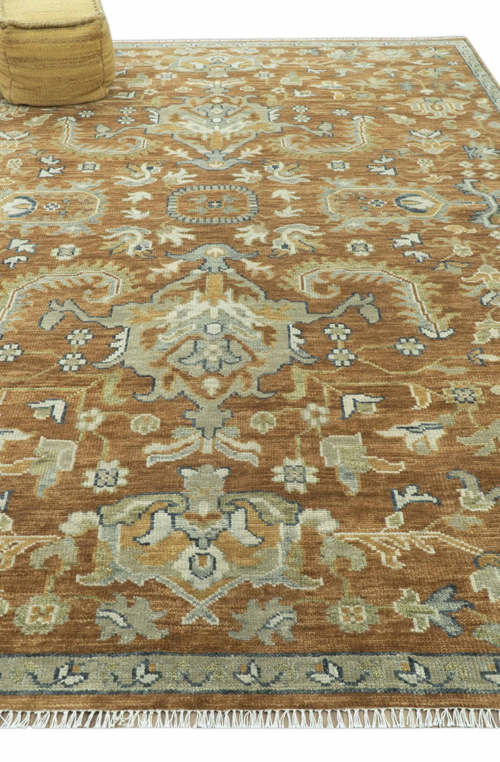 Custom Made Rust, Beige And Blue Traditional Hand Knotted wool rug - The Rug Decor
