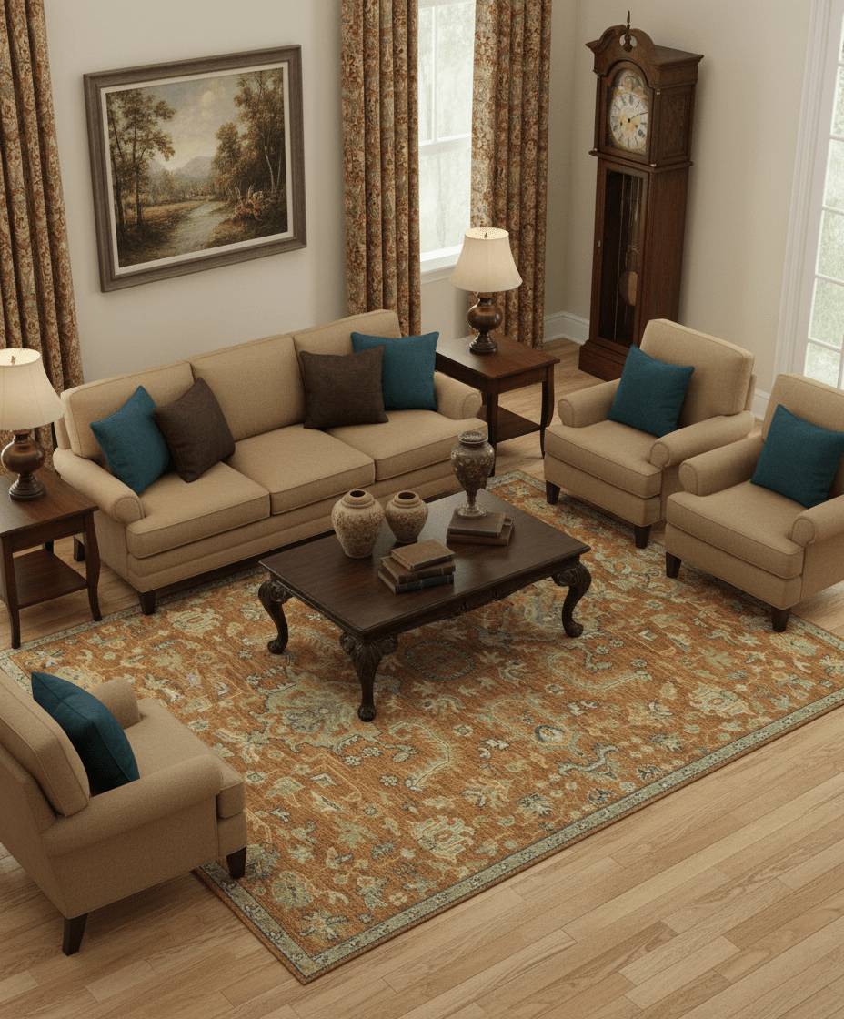 Custom Made Rust, Beige And Blue Traditional Hand Knotted wool rug - The Rug Decor