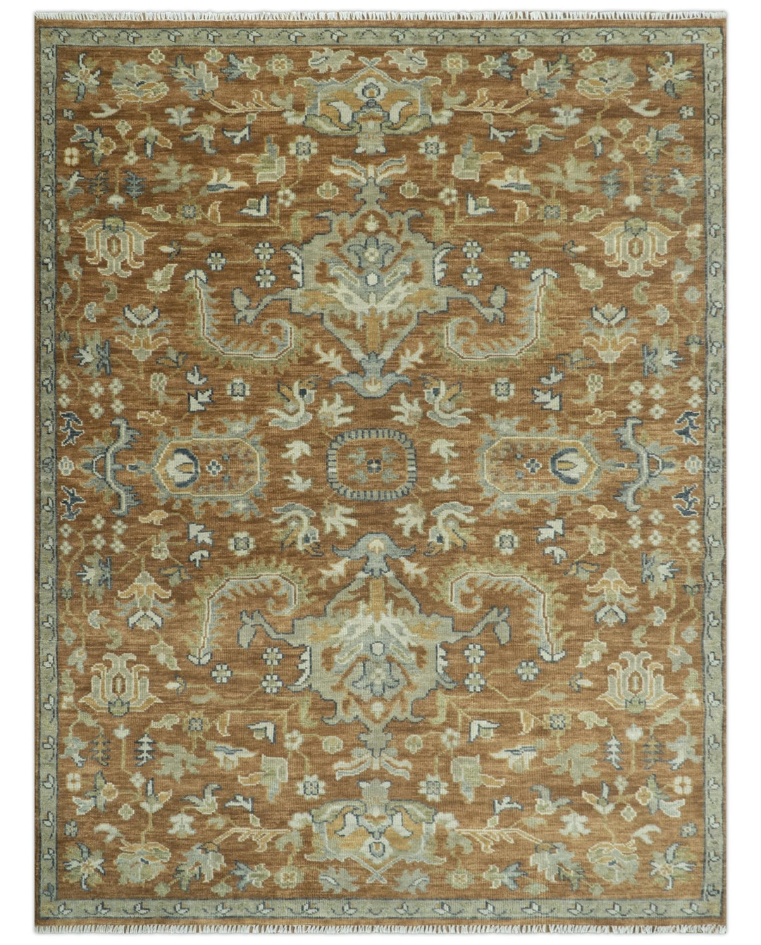 Custom Made Rust, Beige And Blue Traditional Hand Knotted wool rug - The Rug Decor