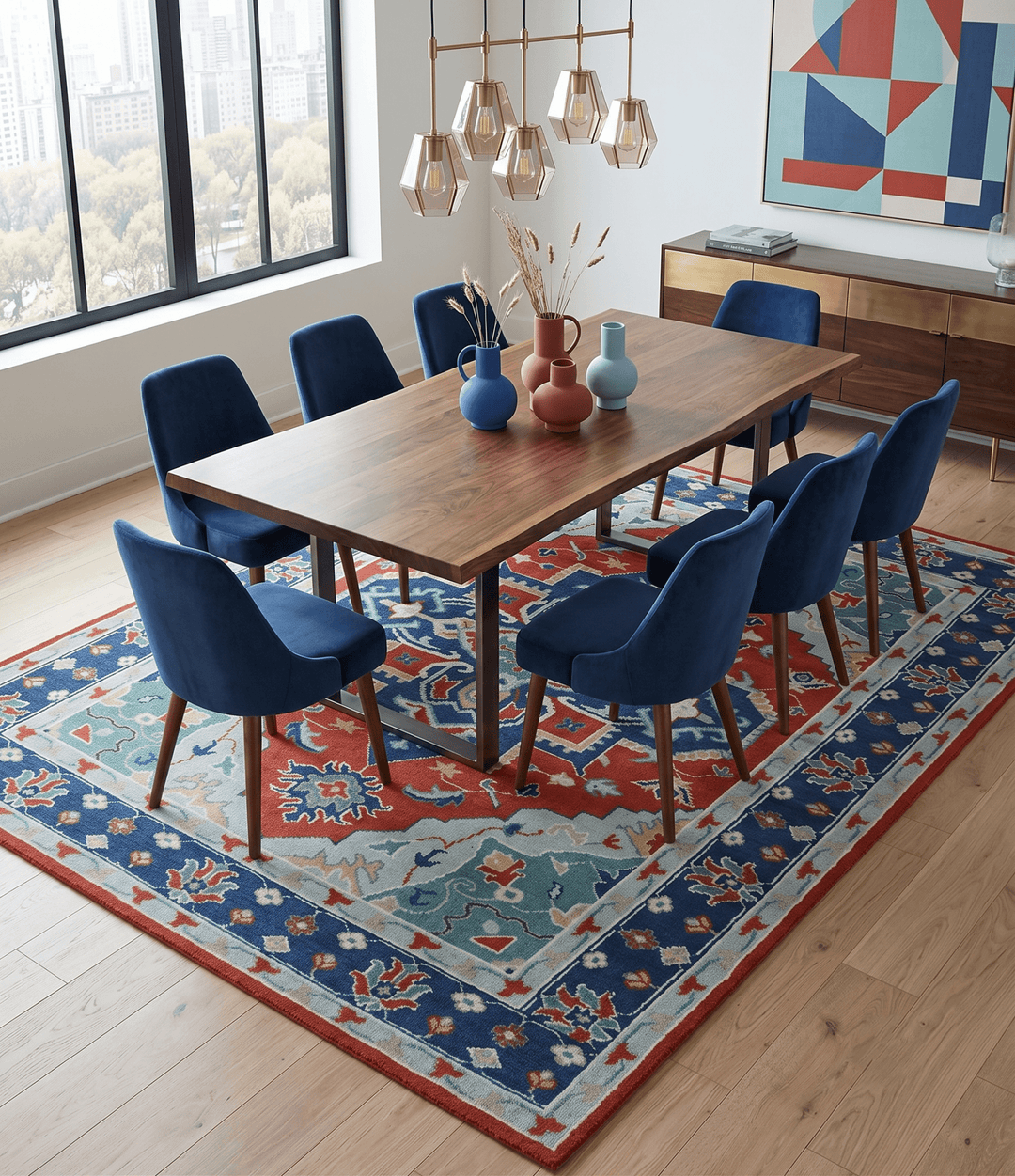 Custom Made Rust, Blue and Silver hand knotted Traditional Heriz wool area rug - The Rug Decor