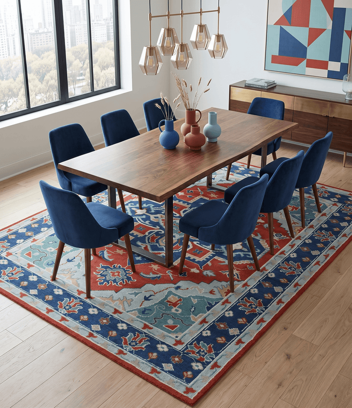 Custom Made Rust, Blue and Silver hand knotted Traditional Heriz wool area rug - The Rug Decor