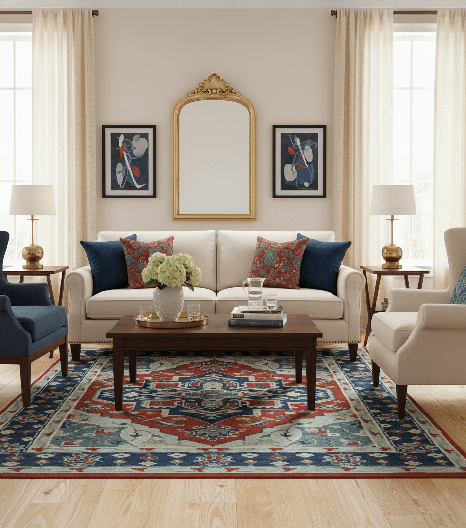 Custom Made Rust, Blue and Silver hand knotted Traditional Heriz wool area rug - The Rug Decor