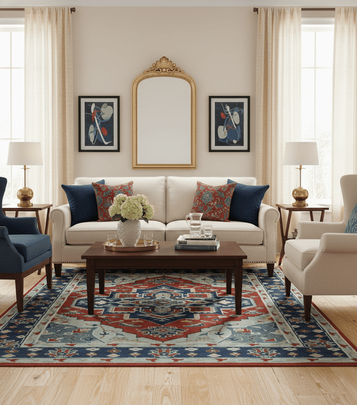 Custom Made Rust, Blue and Silver hand knotted Traditional Heriz wool area rug - The Rug Decor