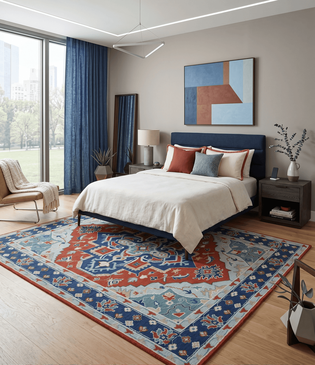 Custom Made Rust, Blue and Silver hand knotted Traditional Heriz wool area rug - The Rug Decor