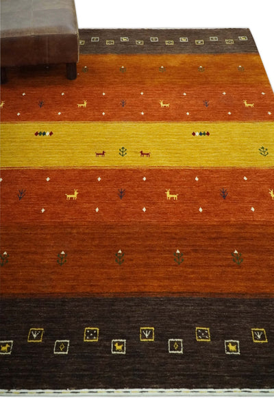 Custom Made Rust, Brown, Gold and Charcoal Geometrical Stripes Design wool area rug - The Rug Decor