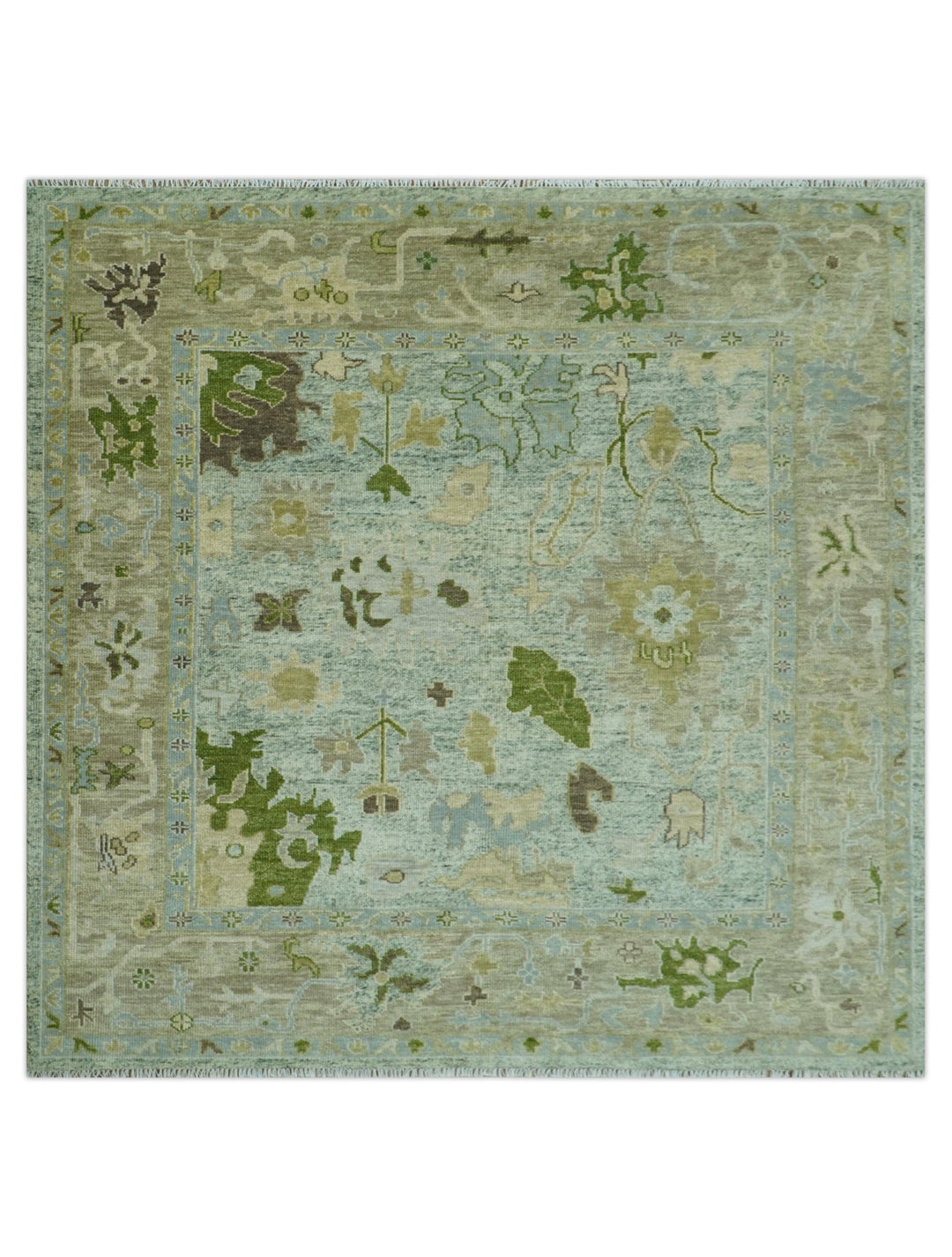 Custom Made Silver and Green Hand Knotted Traditional Oushak wool area rug - The Rug Decor