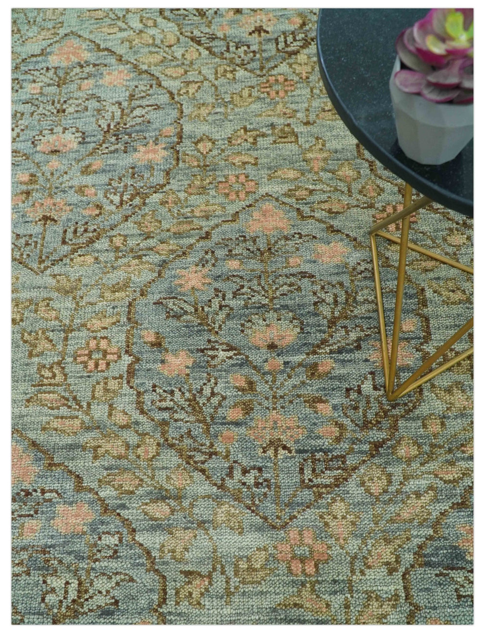 Custom Made Silver, Pink And Brown Floral Motifs Design Hand Knotted wool area rug - The Rug Decor