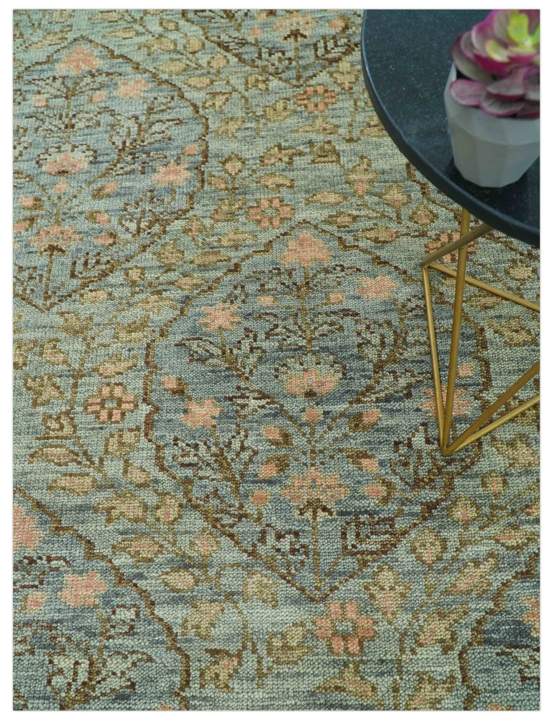 Custom Made Silver, Pink And Brown Floral Motifs Design Hand Knotted wool area rug - The Rug Decor