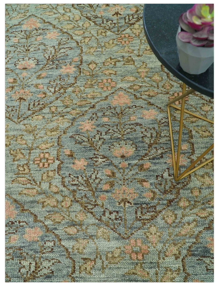 Custom Made Silver, Pink And Brown Floral Motifs Design Hand Knotted wool area rug - The Rug Decor