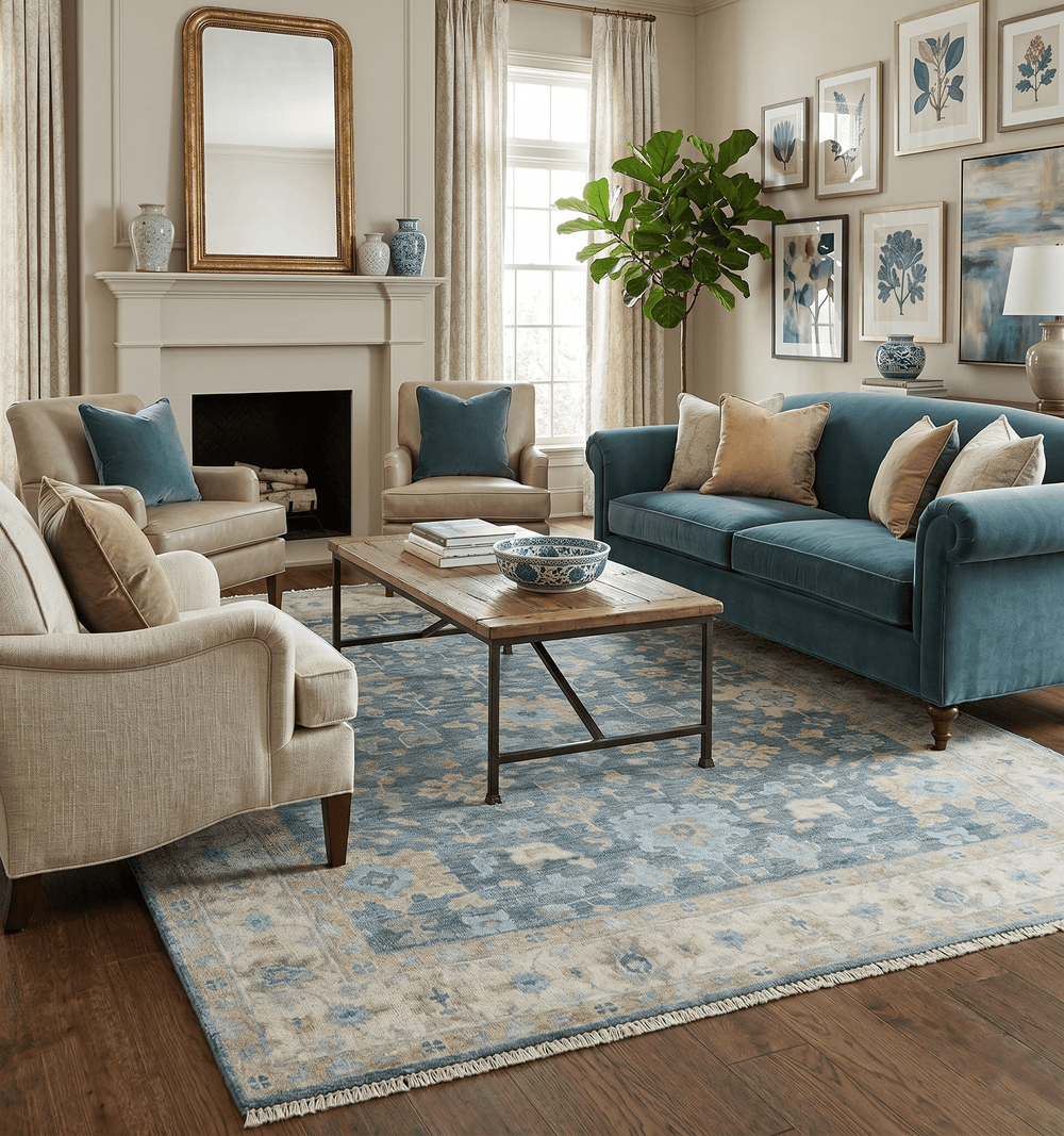 Custom Made Teal and Beige Hand Knotted Oriental Oushak Wool Area Rug - The Rug Decor