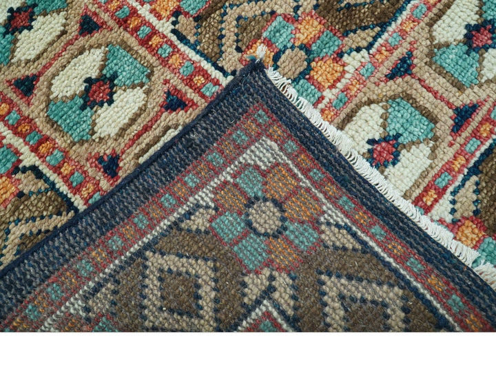 Custom Made Teal And Brown Traditional Tribal Design Hand Knotted Wool Rug - The Rug Decor