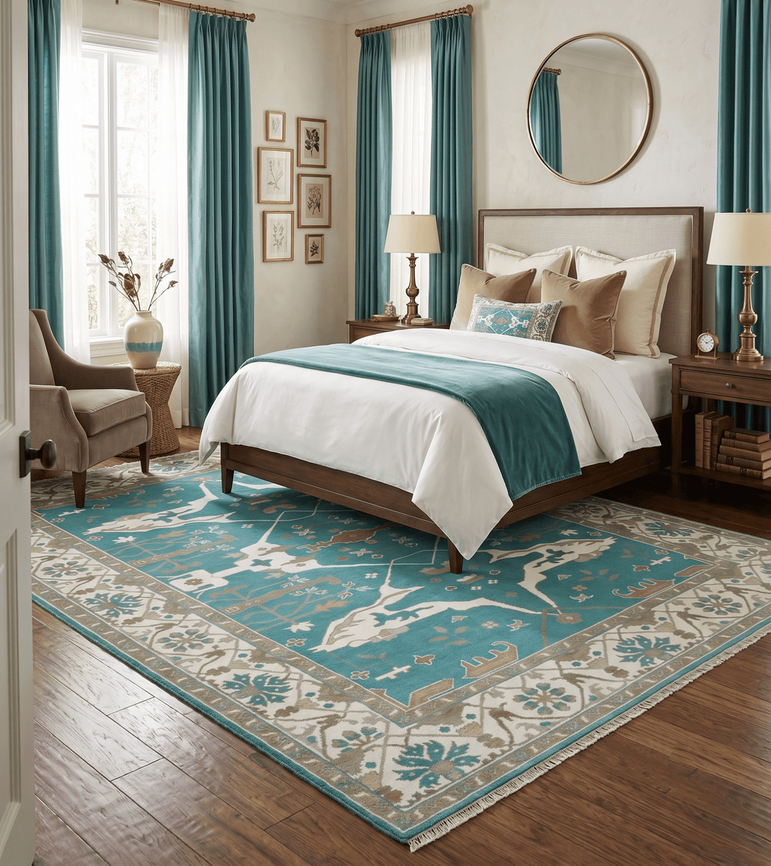 Custom Made Teal and Ivory Hand knotted Oriental Oushak Multi Size wool Area Rug - The Rug Decor