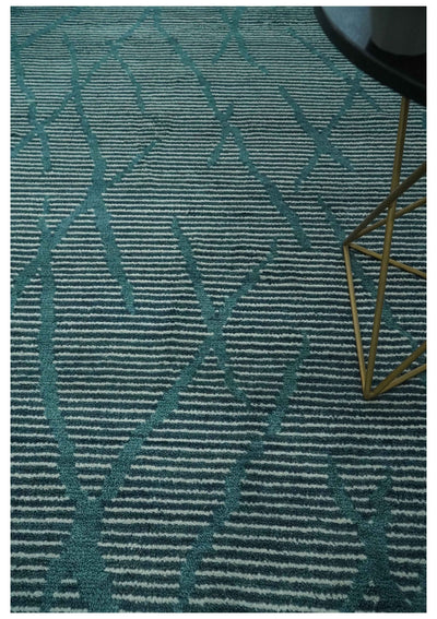 Custom Made Teal and Ivory Modern Stripes Design Hand Knotted wool Area Rug - The Rug Decor