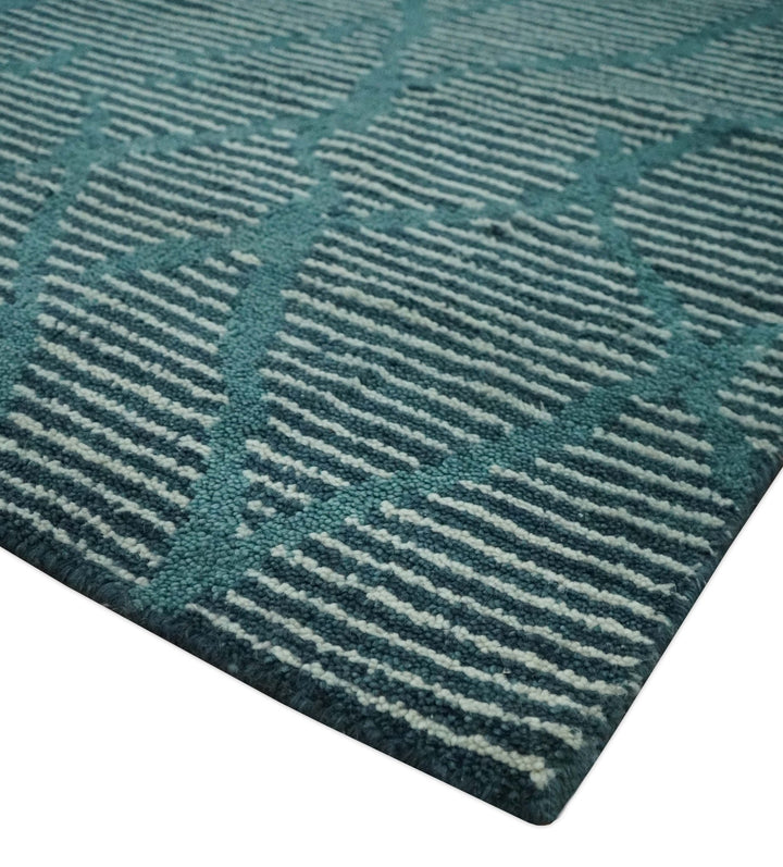 Custom Made Teal and Ivory Modern Stripes Design Hand Knotted wool Area Rug - The Rug Decor