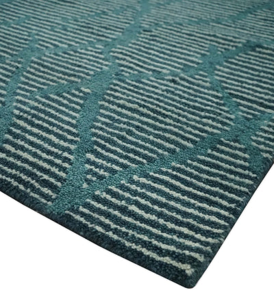 Custom Made Teal and Ivory Modern Stripes Design Hand Knotted wool Area Rug - The Rug Decor