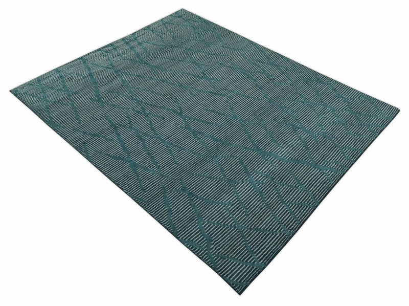 Custom Made Teal and Ivory Modern Stripes Design Hand Knotted wool Area Rug - The Rug Decor