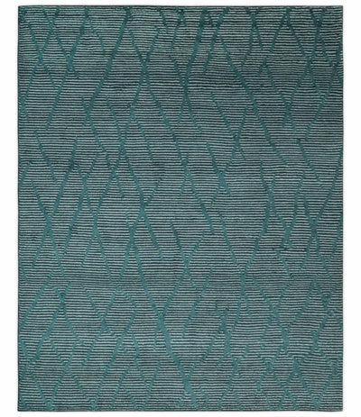 Custom Made Teal and Ivory Modern Stripes Design Hand Knotted wool Area Rug - The Rug Decor