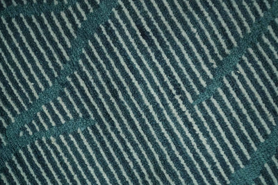 Custom Made Teal and Ivory Modern Stripes Design Hand Knotted wool Area Rug - The Rug Decor