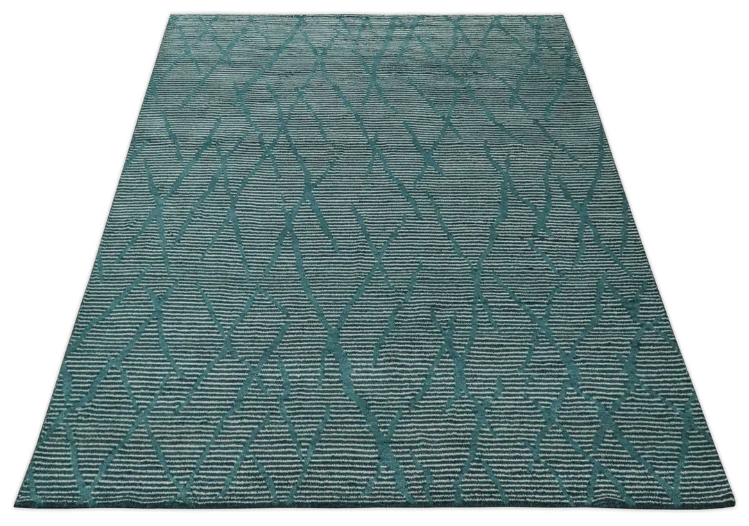 Custom Made Teal and Ivory Modern Stripes Design Hand Knotted wool Area Rug - The Rug Decor