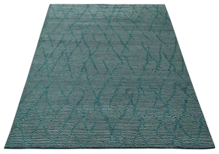 Custom Made Teal and Ivory Modern Stripes Design Hand Knotted wool Area Rug - The Rug Decor