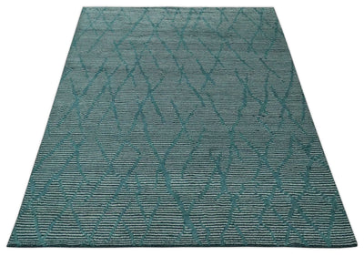 Custom Made Teal and Ivory Modern Stripes Design Hand Knotted wool Area Rug - The Rug Decor