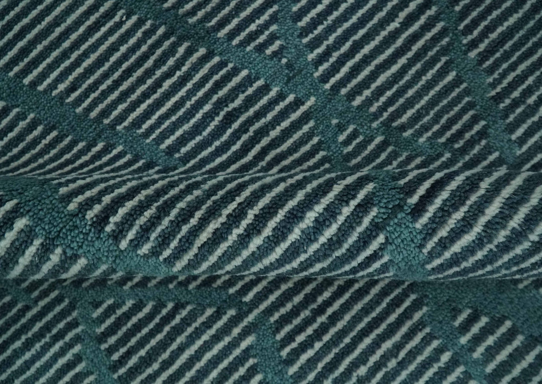 Custom Made Teal and Ivory Modern Stripes Design Hand Knotted wool Area Rug - The Rug Decor