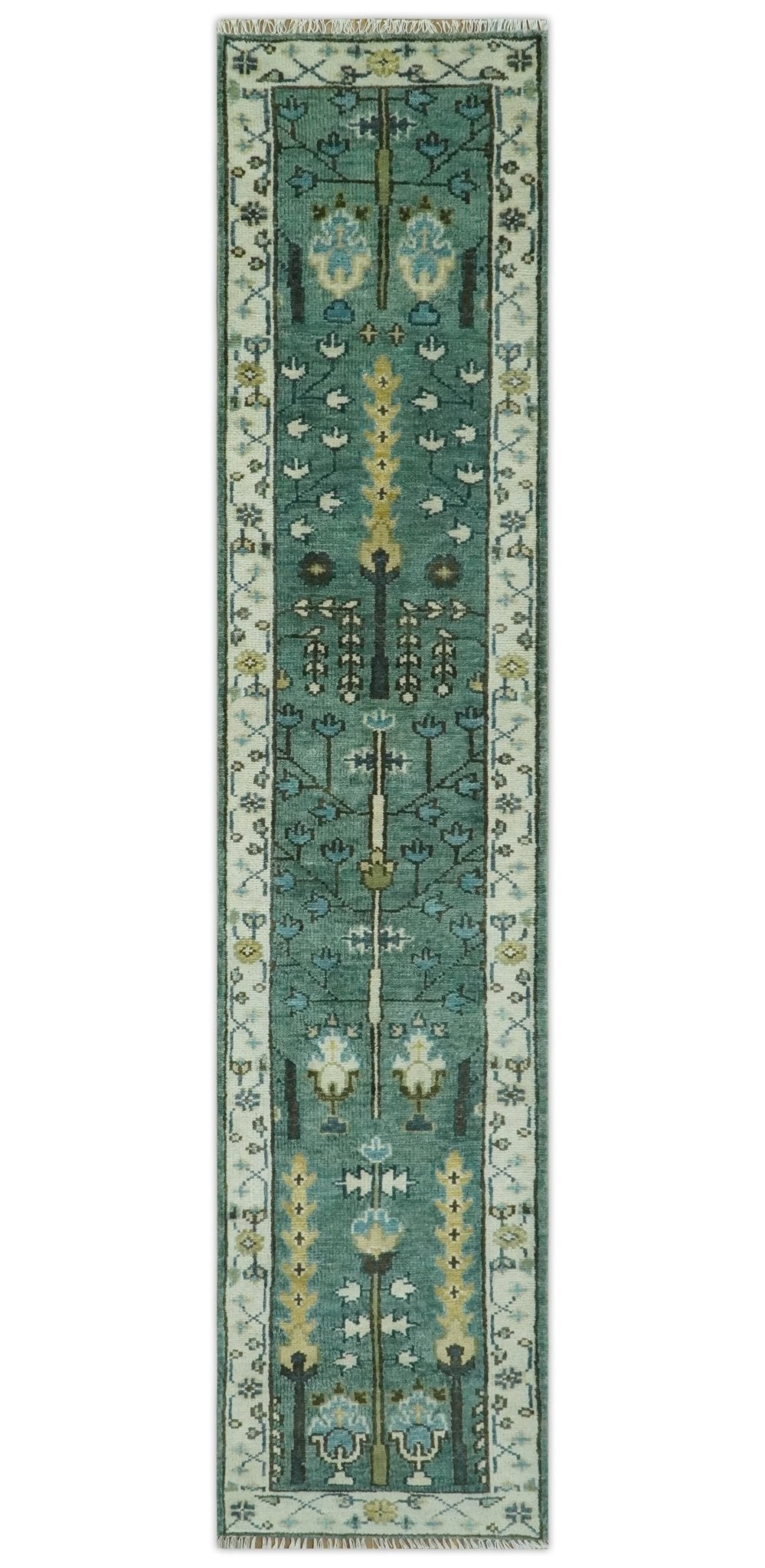 Custom Made Teal And Ivory Tree of life Hand Knotted Runner Rug - The Rug Decor