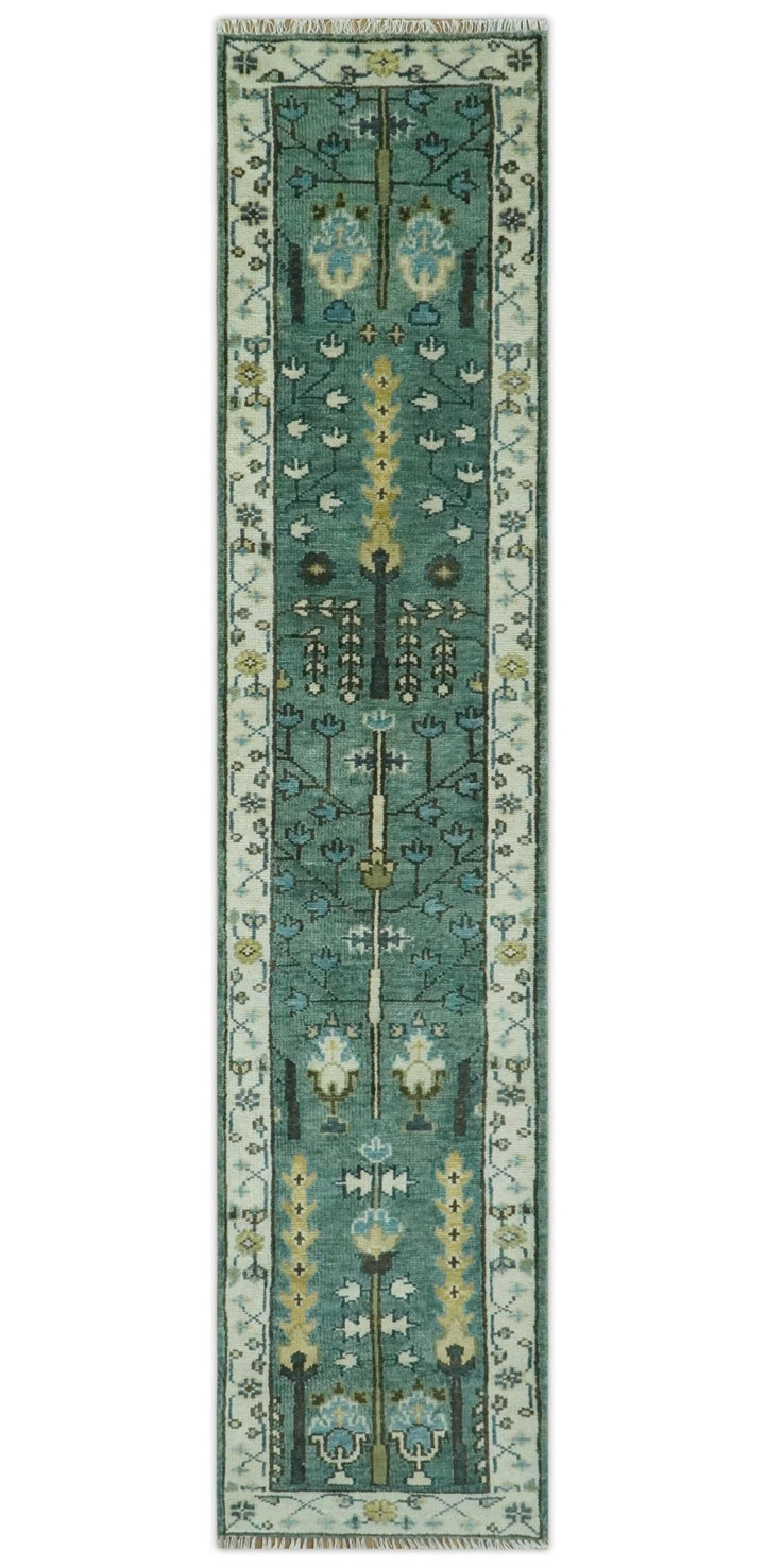 Custom Made Teal And Ivory Tree of life Hand Knotted Runner Rug - The Rug Decor