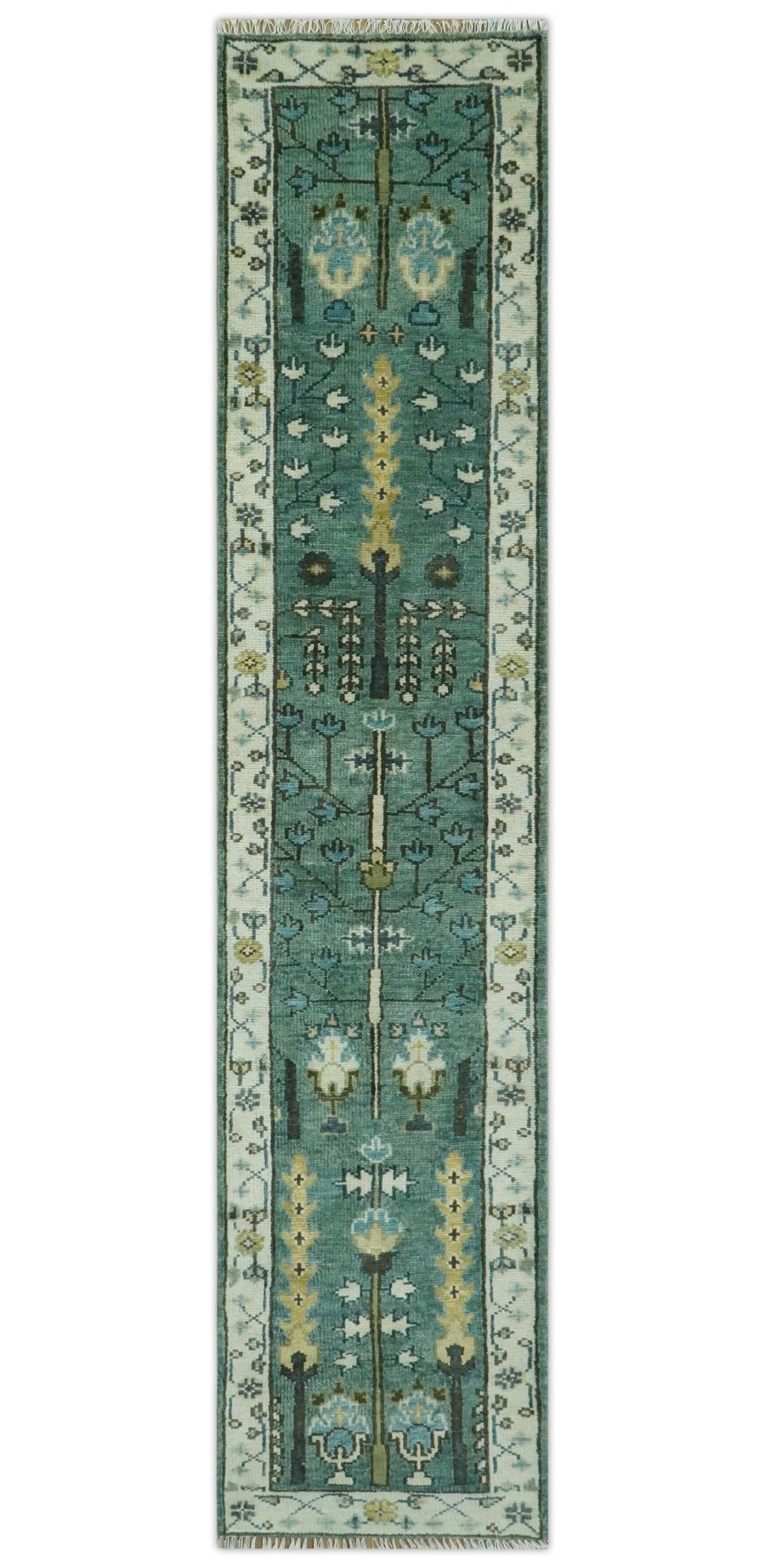 Custom Made Teal And Ivory Tree of life Hand Knotted Runner Rug - The Rug Decor