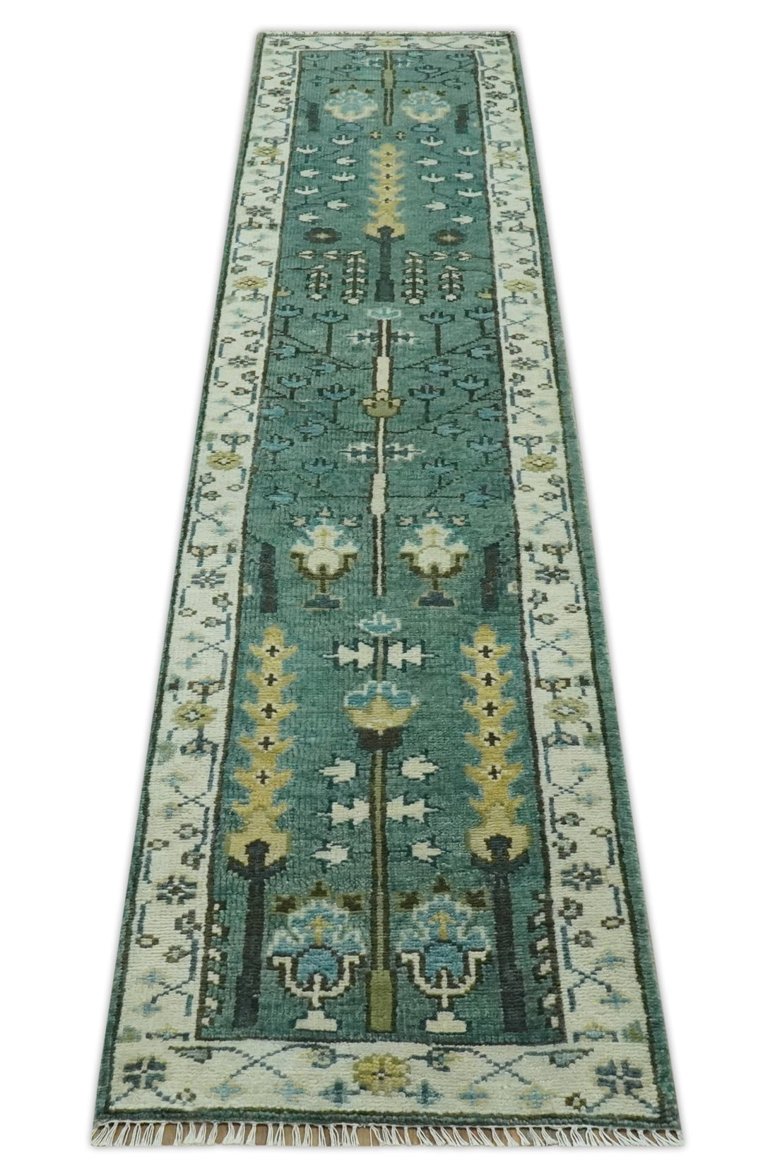 Custom Made Teal And Ivory Tree of life Hand Knotted Runner Rug - The Rug Decor