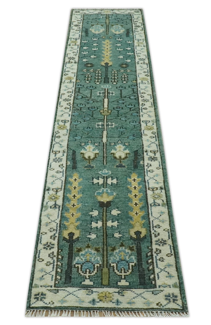 Custom Made Teal And Ivory Tree of life Hand Knotted Runner Rug - The Rug Decor