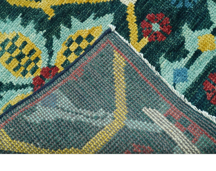 Custom Made Teal And Mustard Traditional Floral Motifs Hand Knotted Wool Rug - The Rug Decor
