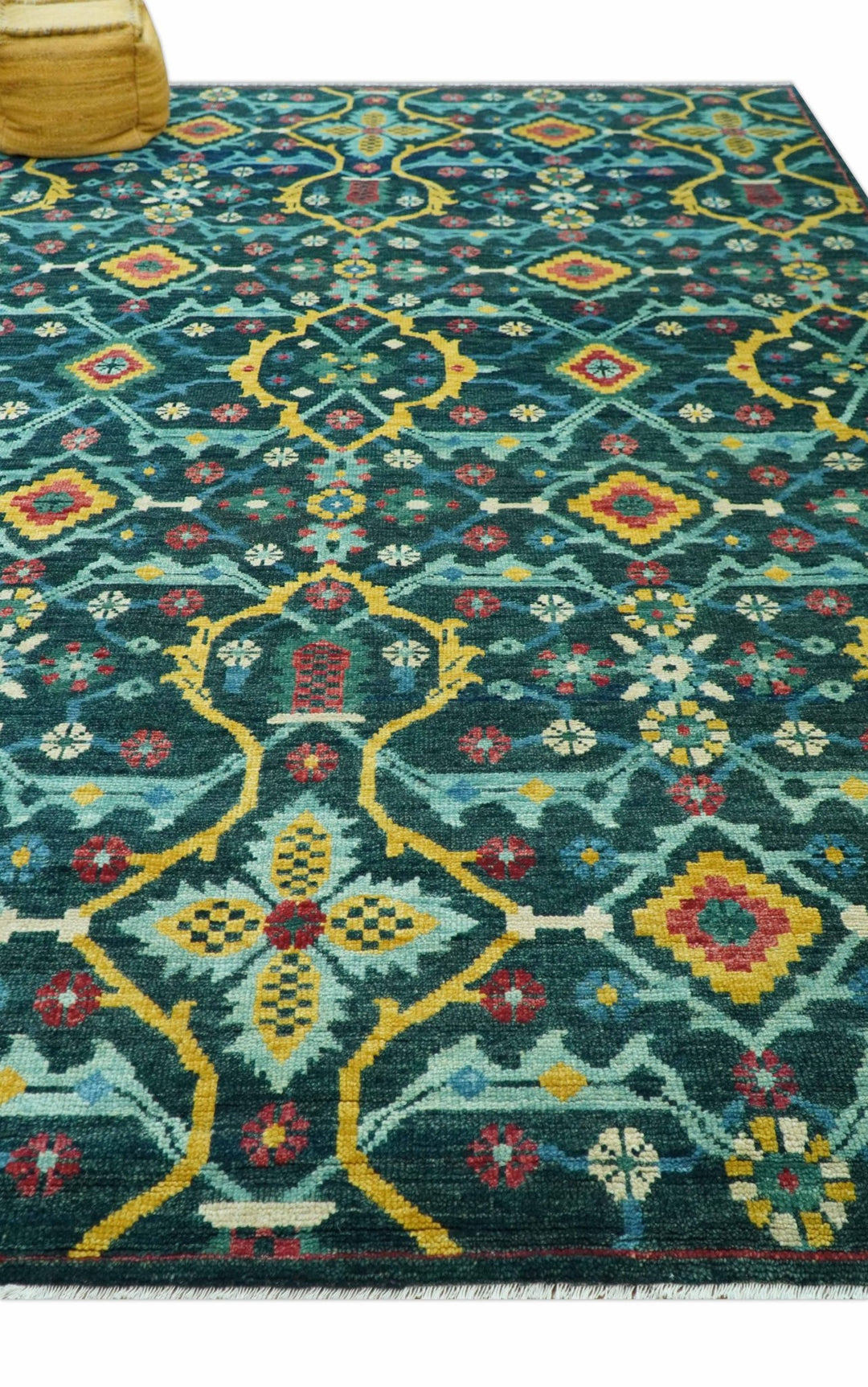 Custom Made Teal And Mustard Traditional Floral Motifs Hand Knotted Wool Rug - The Rug Decor