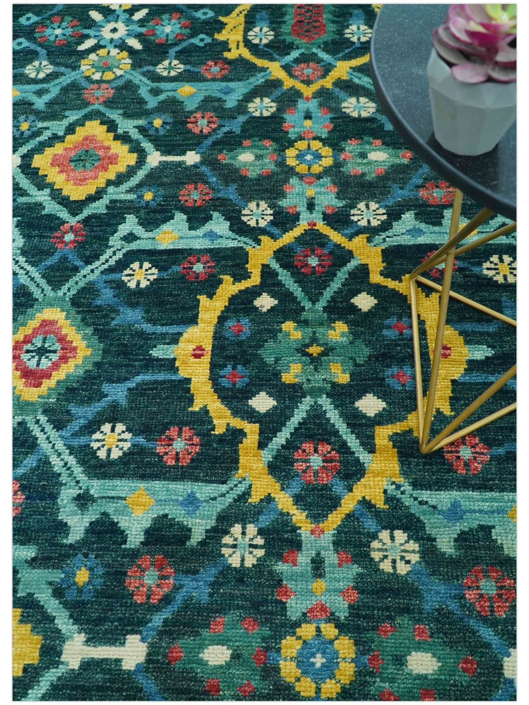 Custom Made Teal And Mustard Traditional Floral Motifs Hand Knotted Wool Rug - The Rug Decor
