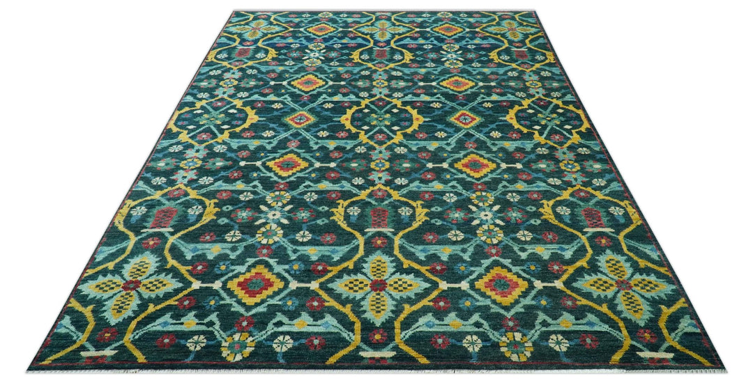 Custom Made Teal And Mustard Traditional Floral Motifs Hand Knotted Wool Rug - The Rug Decor