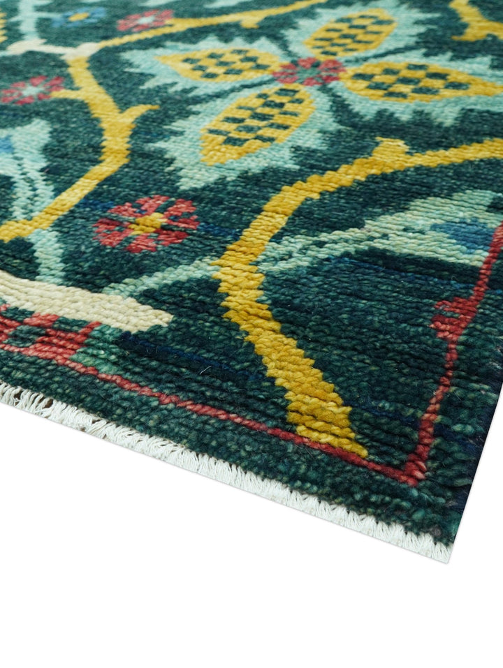 Custom Made Teal And Mustard Traditional Floral Motifs Hand Knotted Wool Rug - The Rug Decor