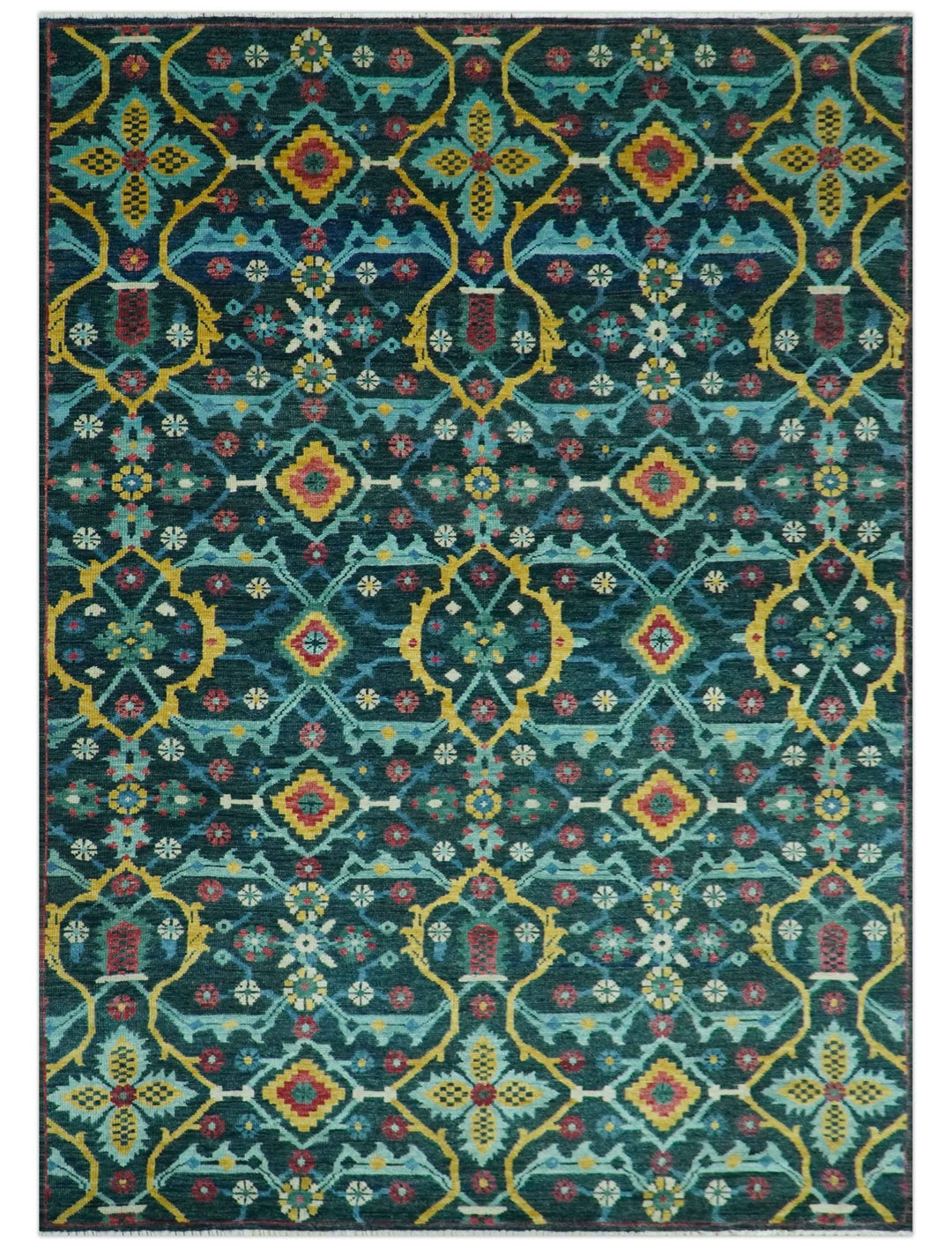 Custom Made Teal And Mustard Traditional Floral Motifs Hand Knotted Wool Rug - The Rug Decor