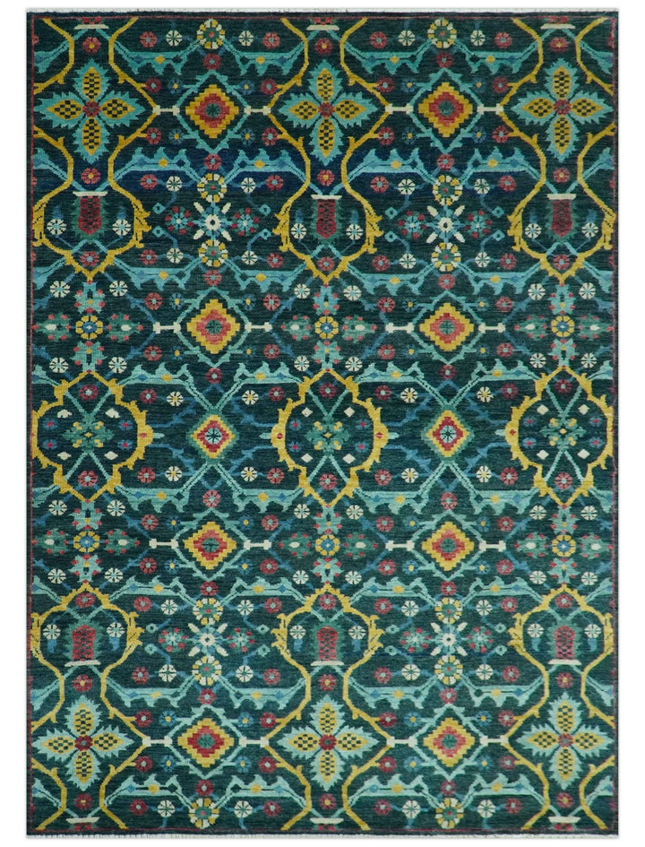 Custom Made Teal And Mustard Traditional Floral Motifs Hand Knotted Wool Rug - The Rug Decor