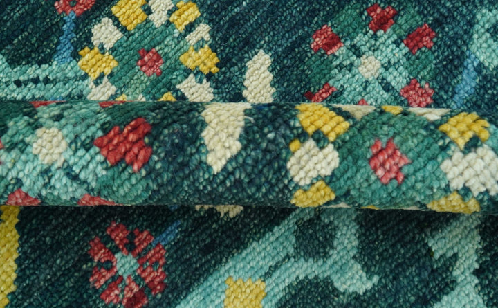 Custom Made Teal And Mustard Traditional Floral Motifs Hand Knotted Wool Rug - The Rug Decor