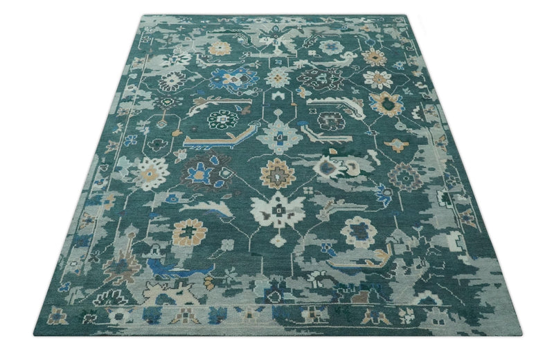 Custom Made Teal and Silver Traditional Oriental Oushak wool Area Rug - The Rug Decor