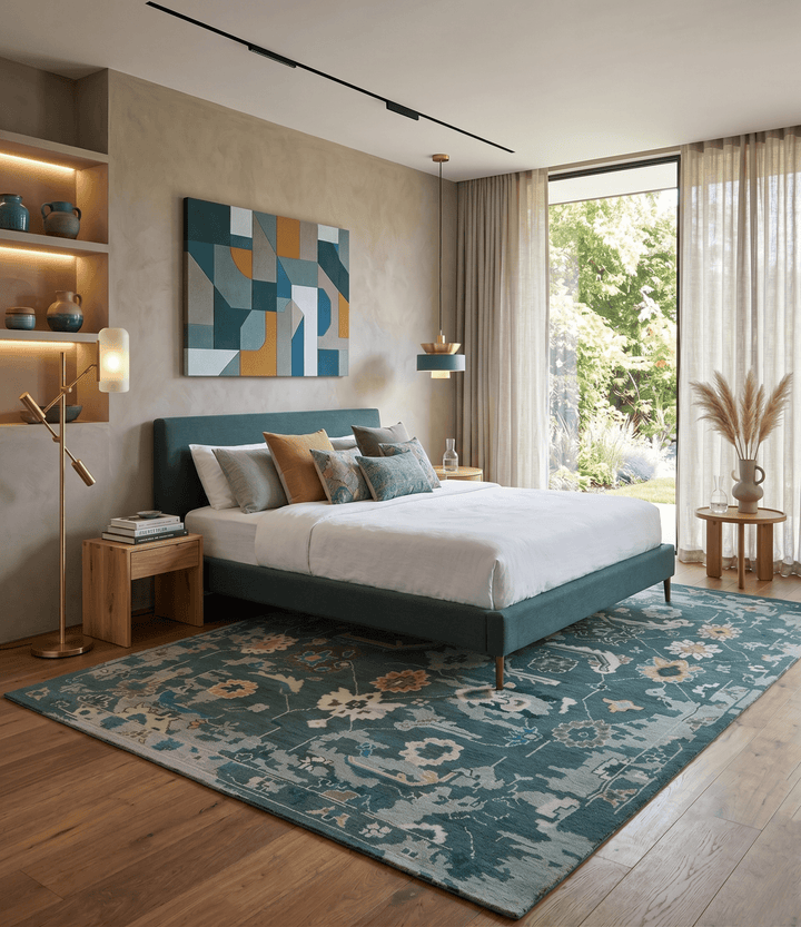 Custom Made Teal and Silver Traditional Oriental Oushak wool Area Rug - The Rug Decor