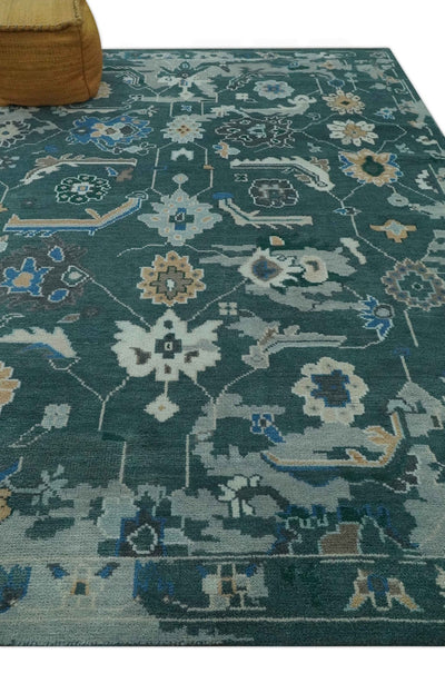 Custom Made Teal and Silver Traditional Oriental Oushak wool Area Rug - The Rug Decor