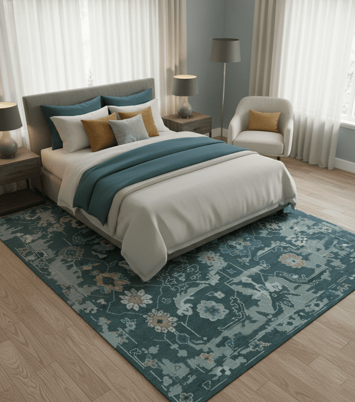 Custom Made Teal and Silver Traditional Oriental Oushak wool Area Rug - The Rug Decor