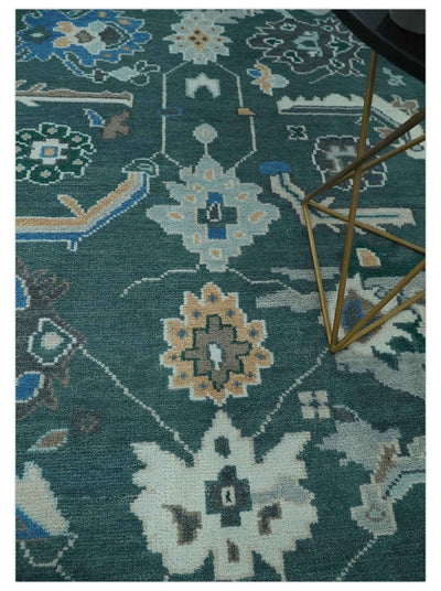 Custom Made Teal and Silver Traditional Oriental Oushak wool Area Rug - The Rug Decor