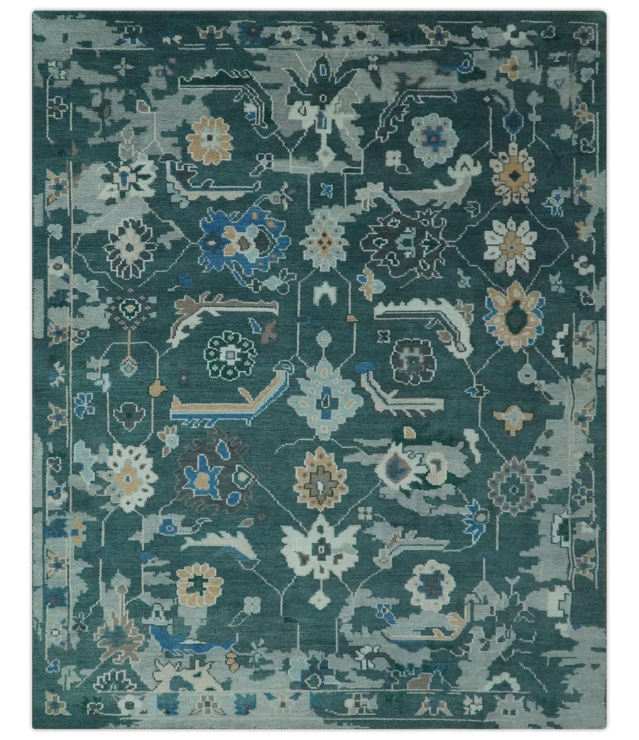 Custom Made Teal and Silver Traditional Oriental Oushak wool Area Rug - The Rug Decor