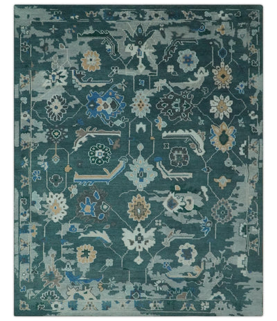 Custom Made Teal and Silver Traditional Oriental Oushak wool Area Rug - The Rug Decor