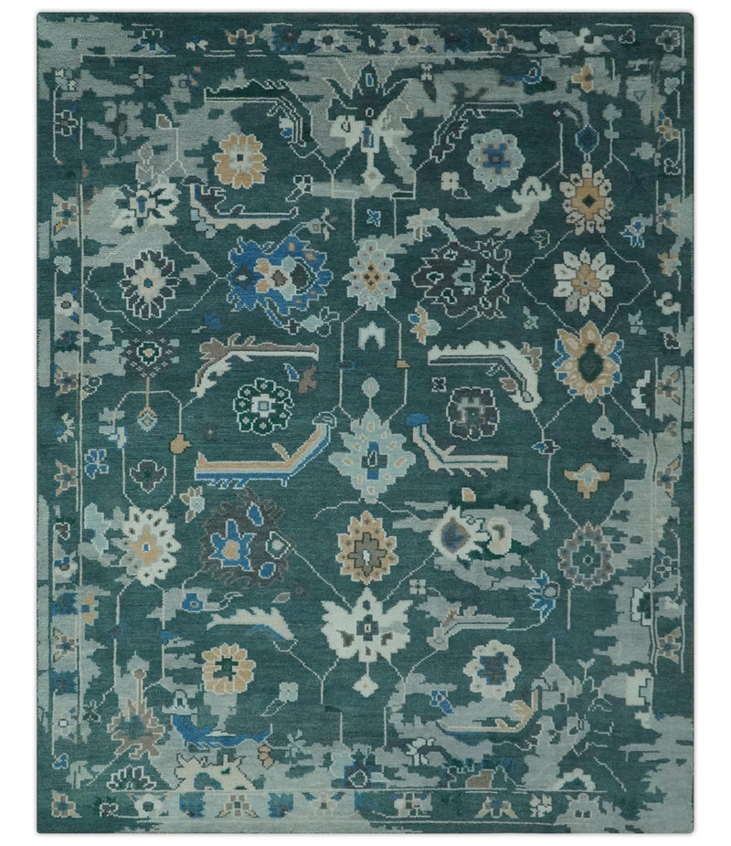 Custom Made Teal and Silver Traditional Oriental Oushak wool Area Rug - The Rug Decor