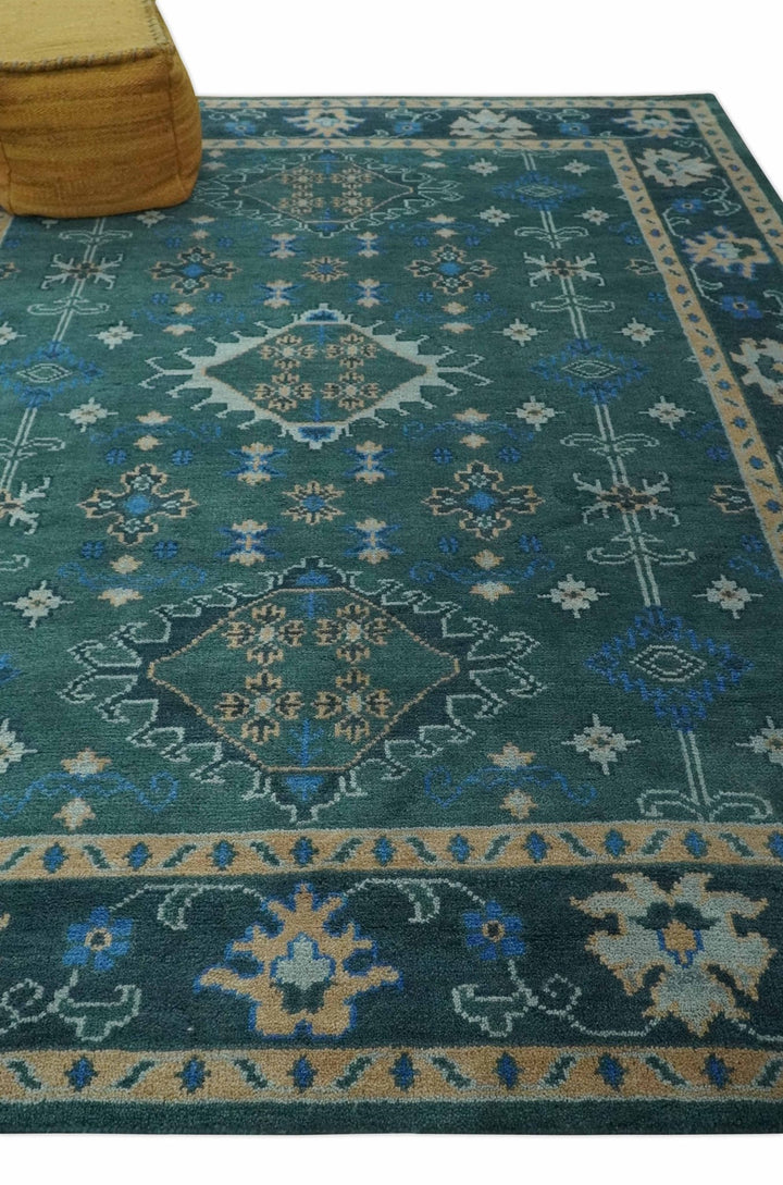 Custom Made Teal, Blue, Peach and Silver Hand Knotted Traditional Heriz wool Area Rug - The Rug Decor