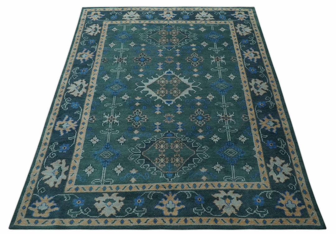 Custom Made Teal, Blue, Peach and Silver Hand Knotted Traditional Heriz wool Area Rug - The Rug Decor